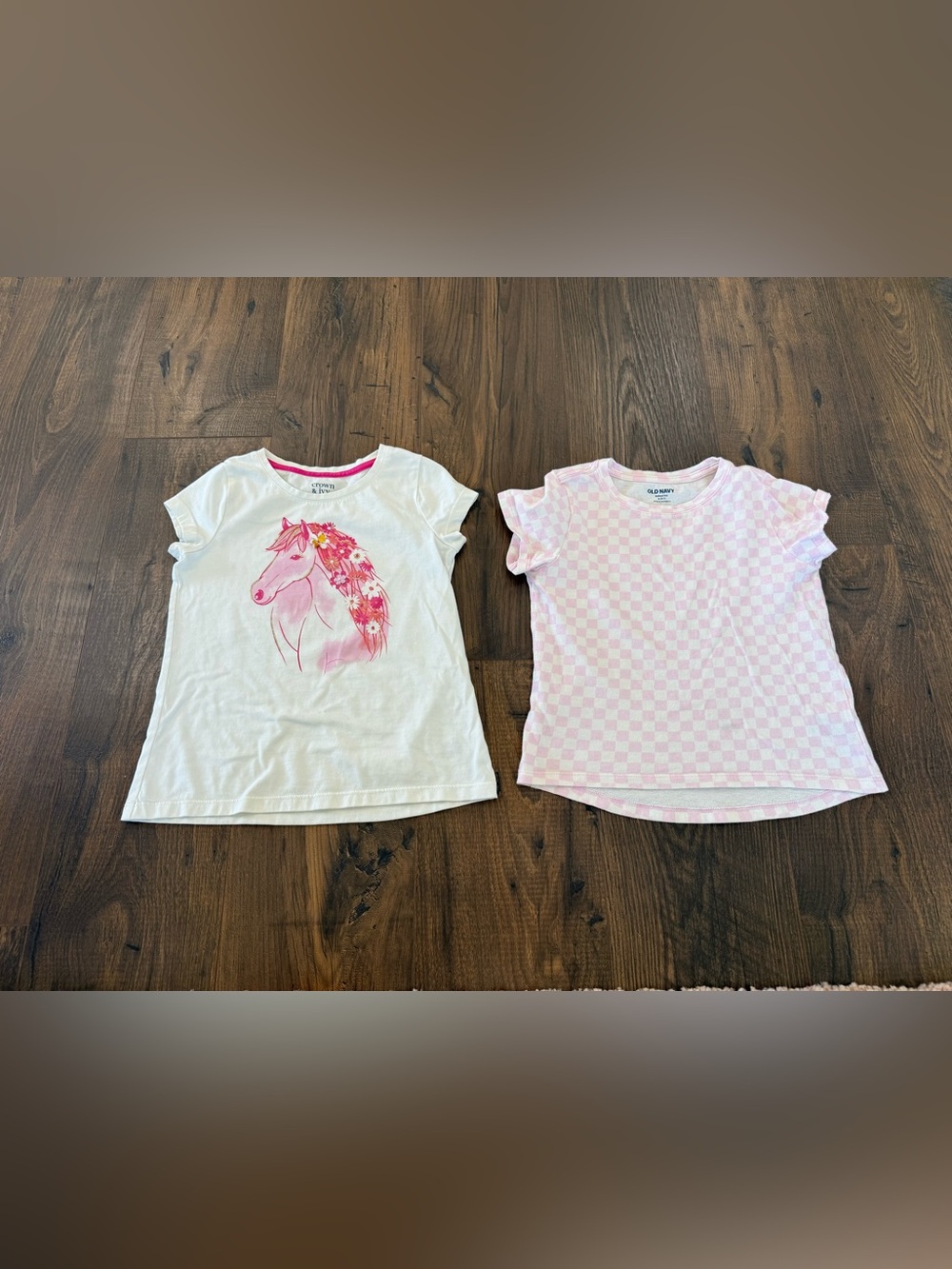 Old Navy White Tee with Pink Pony Graphic & Pink Checkerboard Tee - Girls